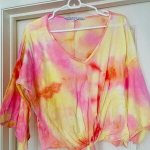 HYFVE Tie-Dye V-Neck Blouse in Pink and Yellow